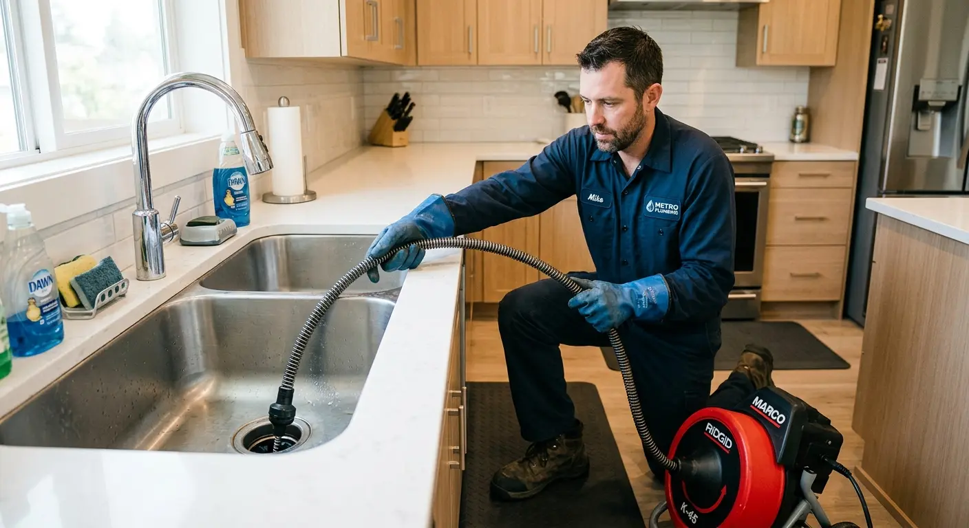 Drain cleaning technician using a motorized snake on a kitchen sink in Lake City