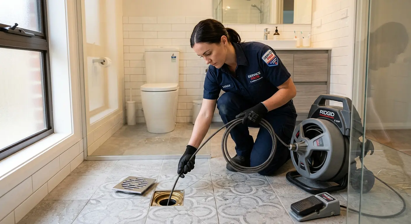 Technician clearing a bathroom floor drain for Drain Repair in Lake City